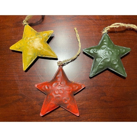 3 Vintage Metal Country Christmas Stars With Hand Painted Snowmen & Jute Hangers - Picture 3 of 5